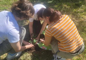 Uczniowie sadzą rośliny w ogrodzie szkolnym