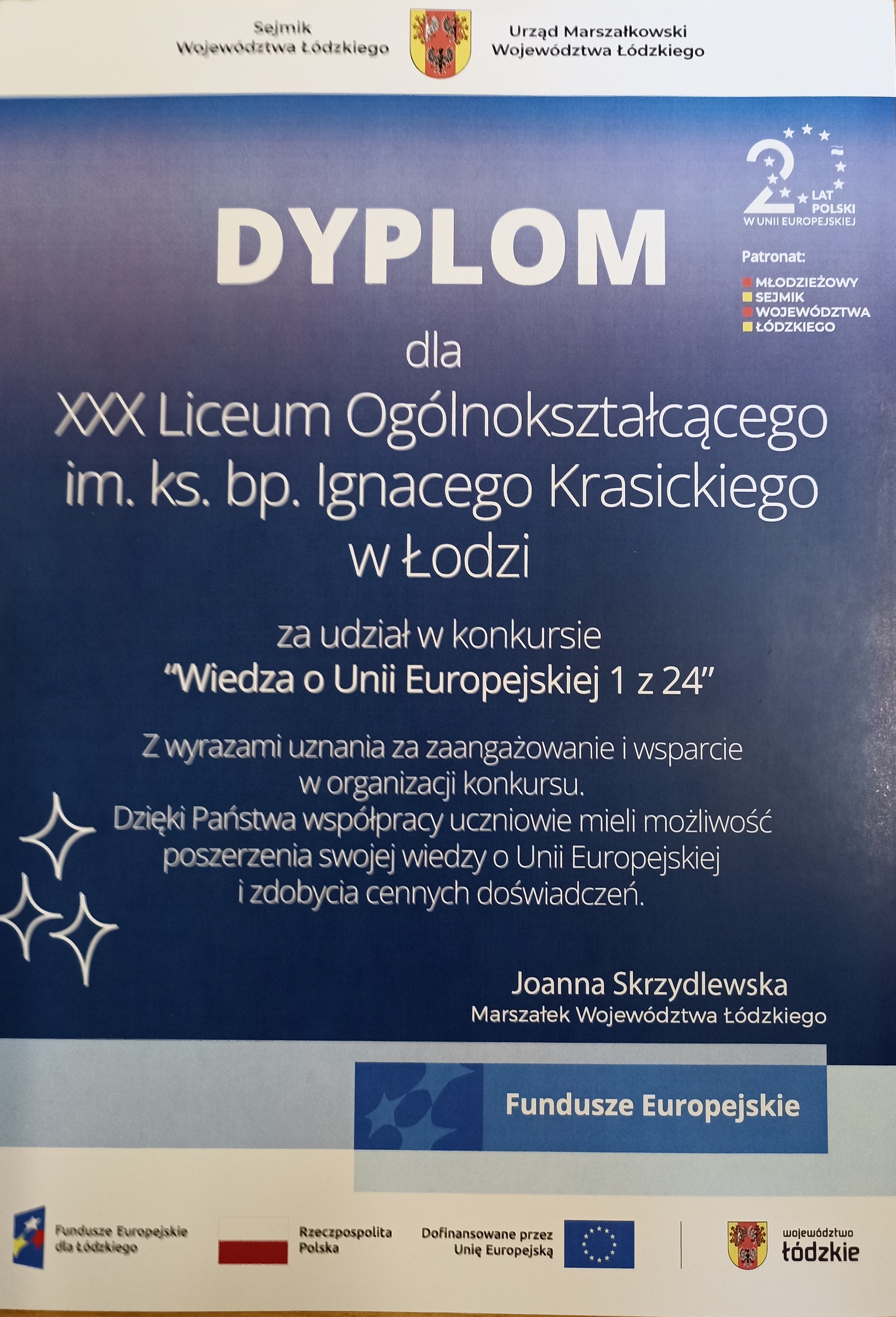 Dyplom dla XXX LO