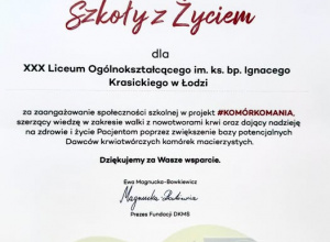 Certyfikat "Szkoły z Życiem"